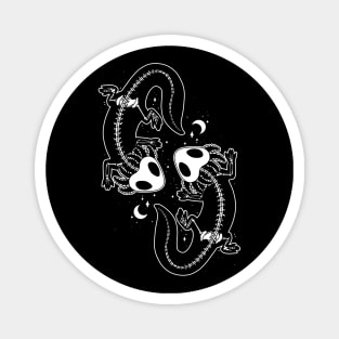 Pair of black skeleton axolotls dancing in the night Magnet